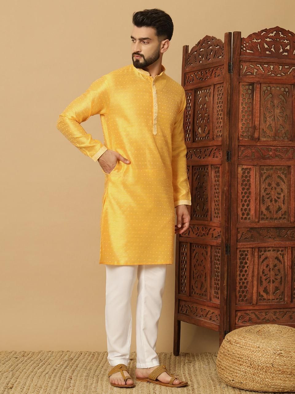 Men's Yellow Jacquard Solid Kurta Pyajama Set