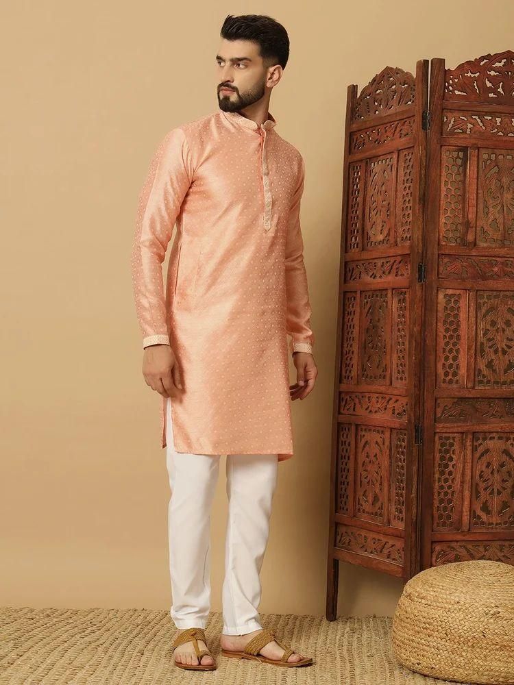 Men's Peach Jacquard Solid Kurta Pyajama Set