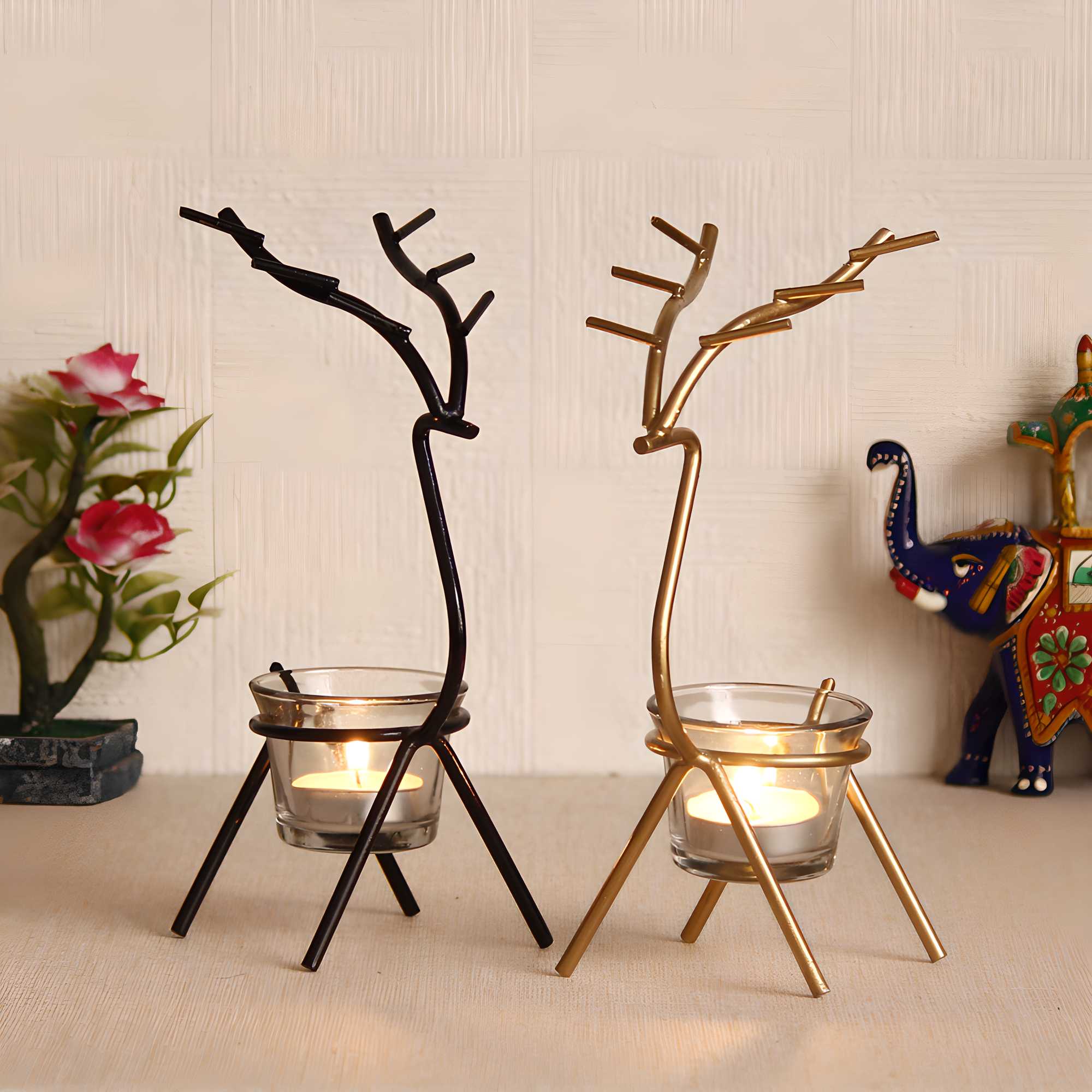 Deer Shaped Metal Tea Light Holder (Set of 2)