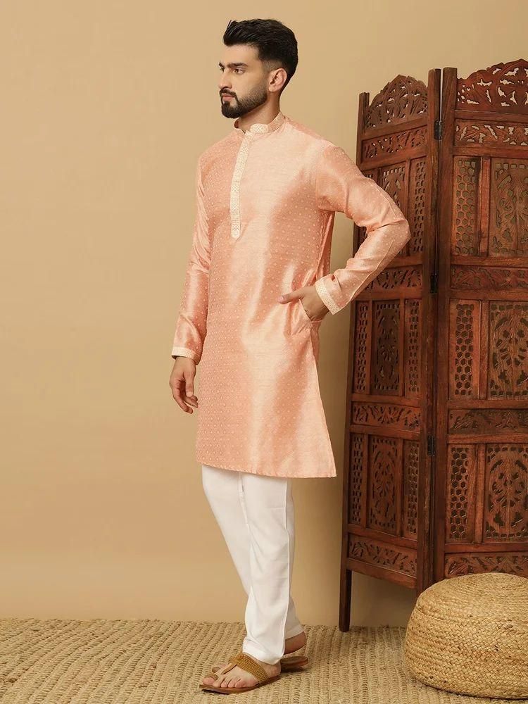 Men's Peach Jacquard Solid Kurta Pyajama Set