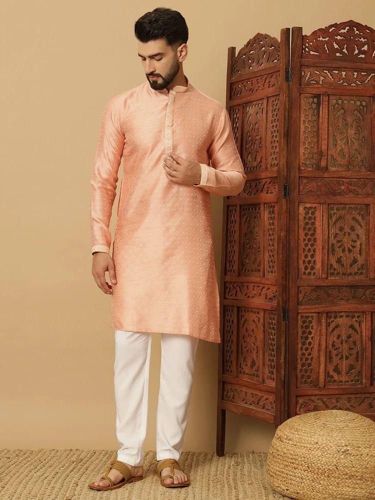 Men's Peach Jacquard Solid Kurta Pyajama Set