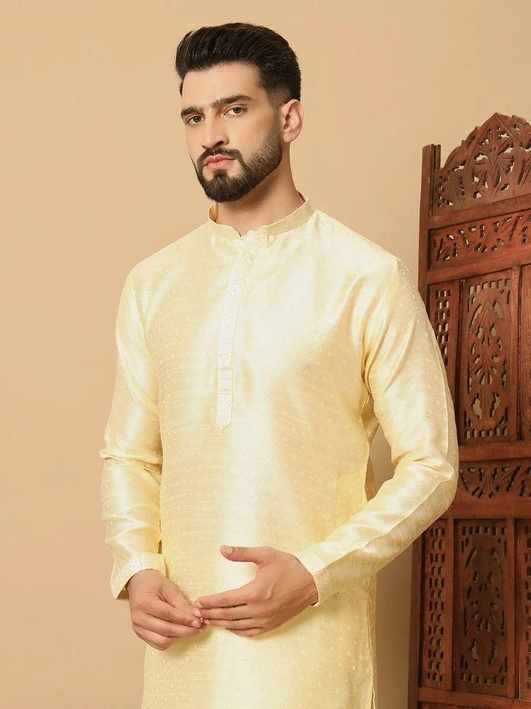 Men's Light Yellow Jacquard Solid Kurta Pyajama Set