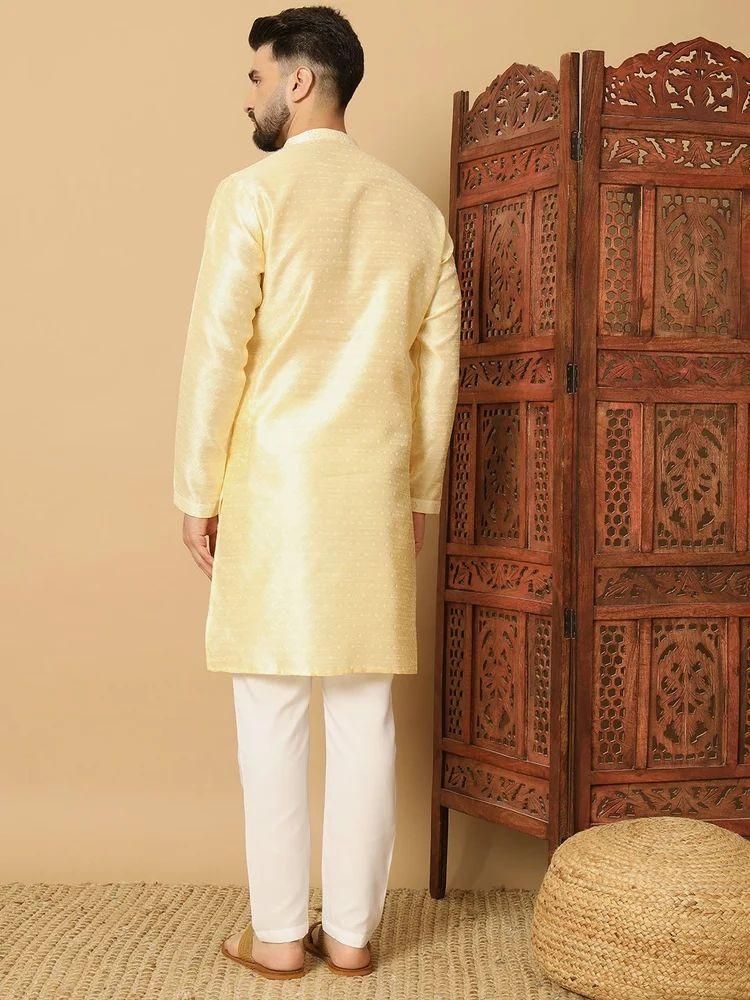 Men's Light Yellow Jacquard Solid Kurta Pyajama Set