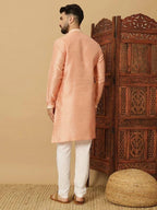 Men's Peach Jacquard Solid Kurta Pyajama Set