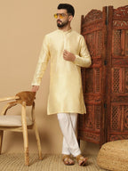 Men's Light Yellow Jacquard Solid Kurta Pyajama Set