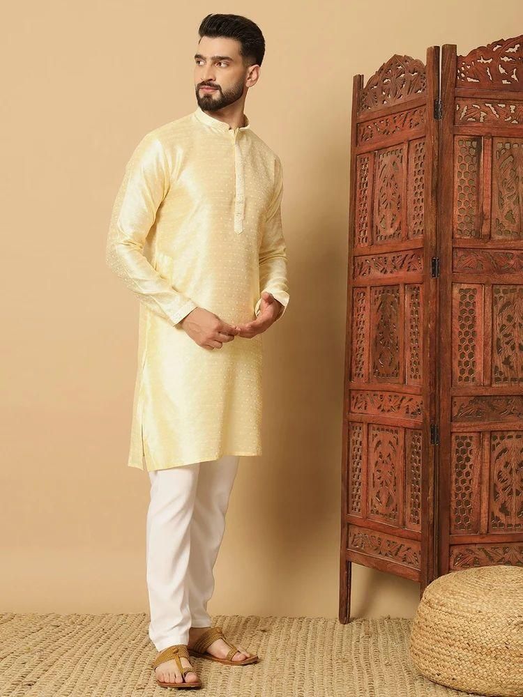 Men's Light Yellow Jacquard Solid Kurta Pyajama Set