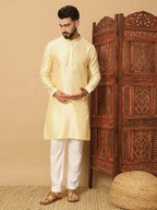 Men's Light Yellow Jacquard Solid Kurta Pyajama Set