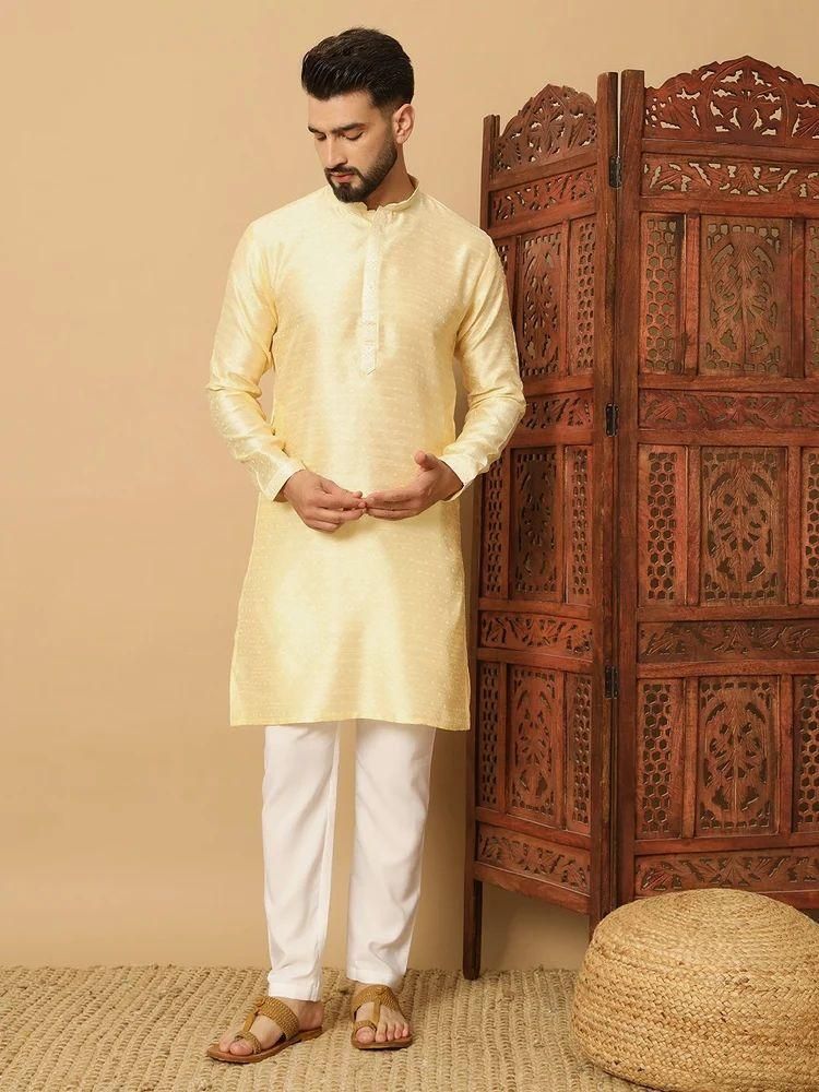 Men's Light Yellow Jacquard Solid Kurta Pyajama Set