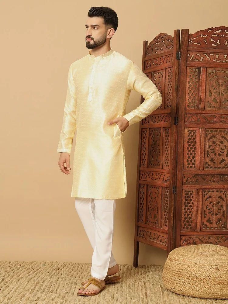 Men's Light Yellow Jacquard Solid Kurta Pyajama Set